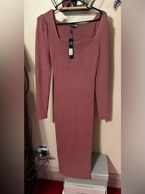 Fashion Nova Mauve Ribbed Long Sleeve Midi Dress